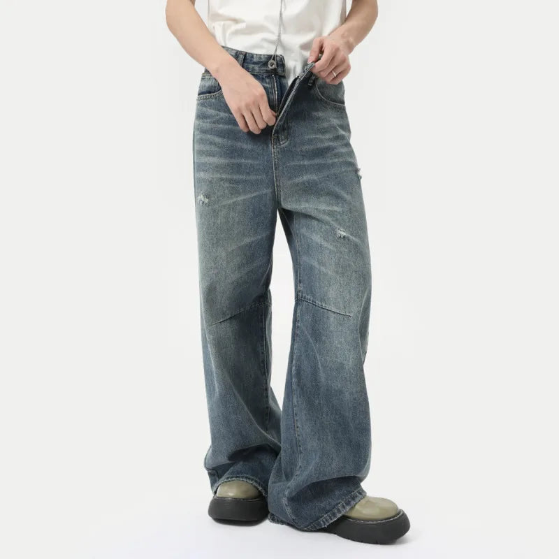 American Style Men's Denim Pants Washing Fashion Loose Men's Straight Trousers Casual Wide Leg Jeans Summer 9C6303