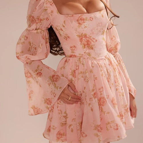 Load image into Gallery viewer, Elegant Horn Long Sleeve Bodycon Printed Short Skirt Female Sexy Square Neck Slim Female Dress Party Club Evening Dress
