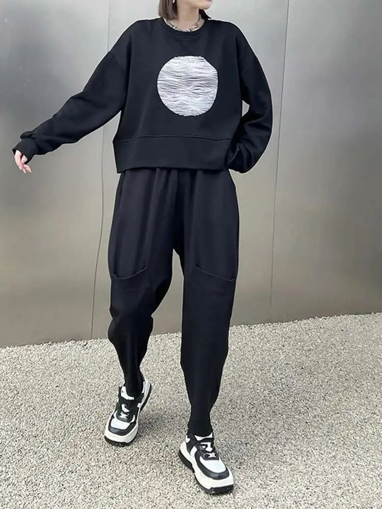 Black Printed Back Zipper Sweatshirt New Round Neck Long Sleeve Women Big Size Fashion Tide Spring Autumn 2025 1DJ0624