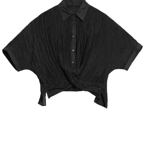 Load image into Gallery viewer, Women Black Pleated Cross Big Size Short Blouse New Lapel Half Sleeve Shirt Fashion Tide Spring Autumn 2025 1DH6145
