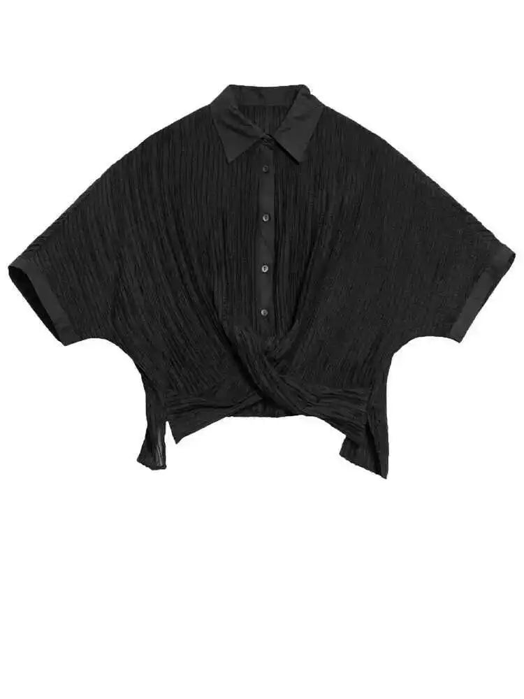 Women Black Pleated Cross Big Size Short Blouse New Lapel Half Sleeve Shirt Fashion Tide Spring Autumn 2025 1DH6145