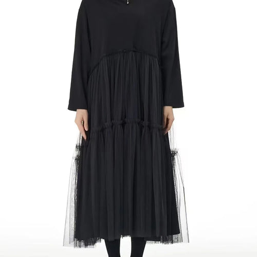 Load image into Gallery viewer, Women Black Mesh Spliced Big Size Midi Casual Dress New Round Neck Long Sleeve Fashion Tide Spring Autumn 2025 1DH8296

