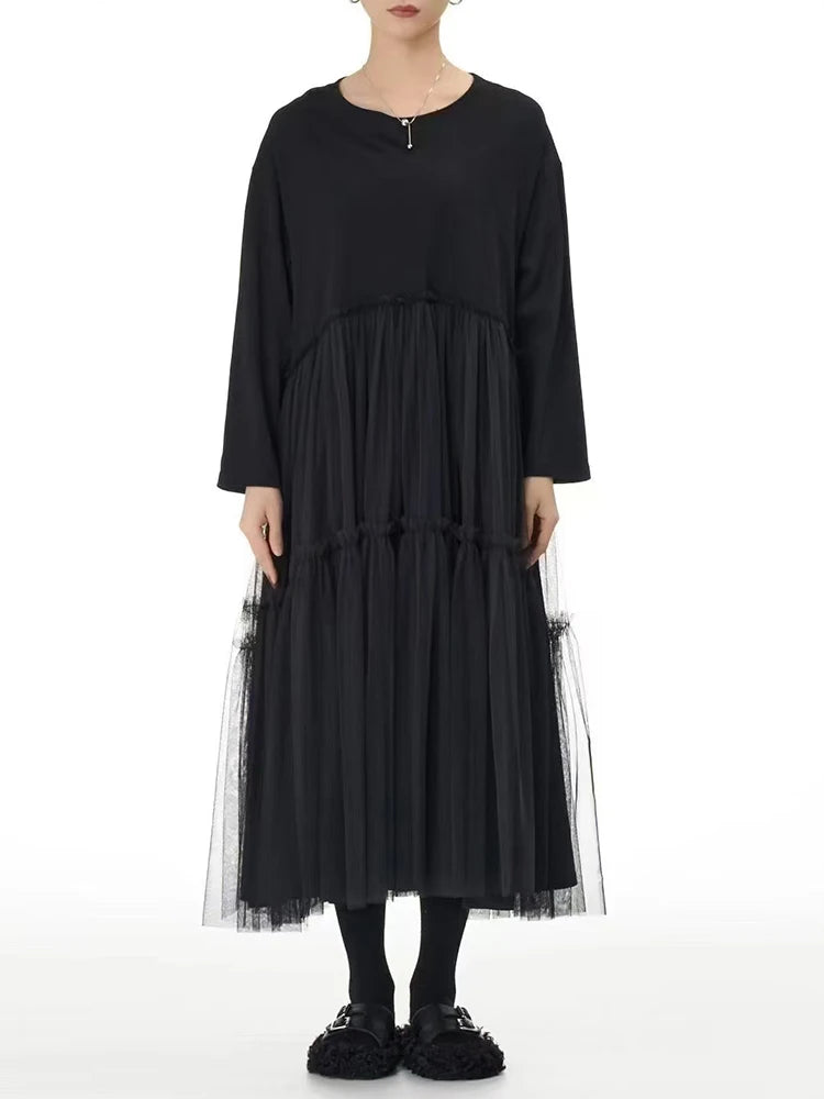 Women Black Mesh Spliced Big Size Midi Casual Dress New Round Neck Long Sleeve Fashion Tide Spring Autumn 2025 1DH8296