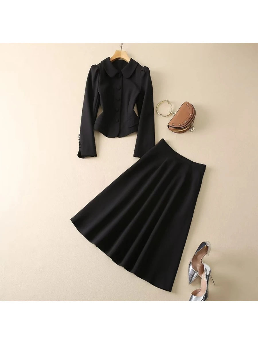 Solid Two  Piece Set for Women Stand Neck Long Sleeve Tunic Coat High Waist Slim Skirt Chic Sets Female Fashion