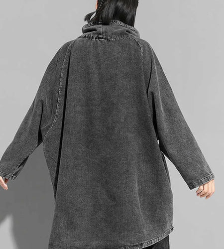 Loose Fit Black Denim Big Size Sweatshirt New High Collar Long Sleeve Women Big Size Fashion Spring Autumn 2025 1K166