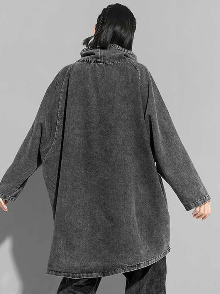 Loose Fit Black Denim Big Size Sweatshirt New High Collar Long Sleeve Women Big Size Fashion Spring Autumn 2025 1K166