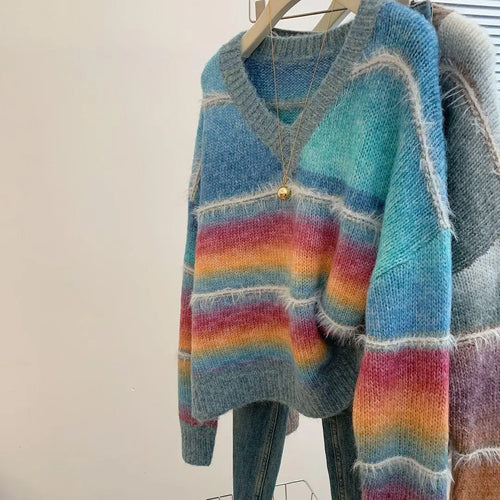 Load image into Gallery viewer, Autumn Winter Women's 2024 Rainbow Striped Pullover Knitwear Sweater Korean Fashion Ladies V Neck Long Sleeved Loose Tops Trendy
