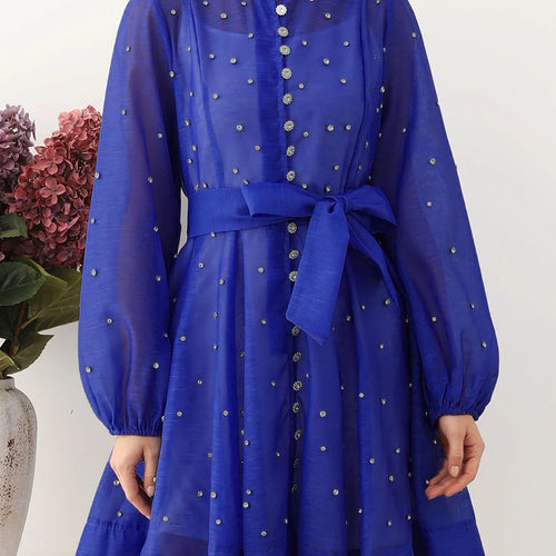 Load image into Gallery viewer, Solid Spliced Lace Up Loose Dresses For Women O Neck Long Sleeve High Waist Temperament Dress Female Clothes New
