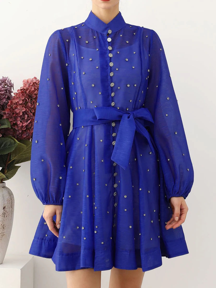 Solid Spliced Lace Up Loose Dresses For Women O Neck Long Sleeve High Waist Temperament Dress Female Clothes New