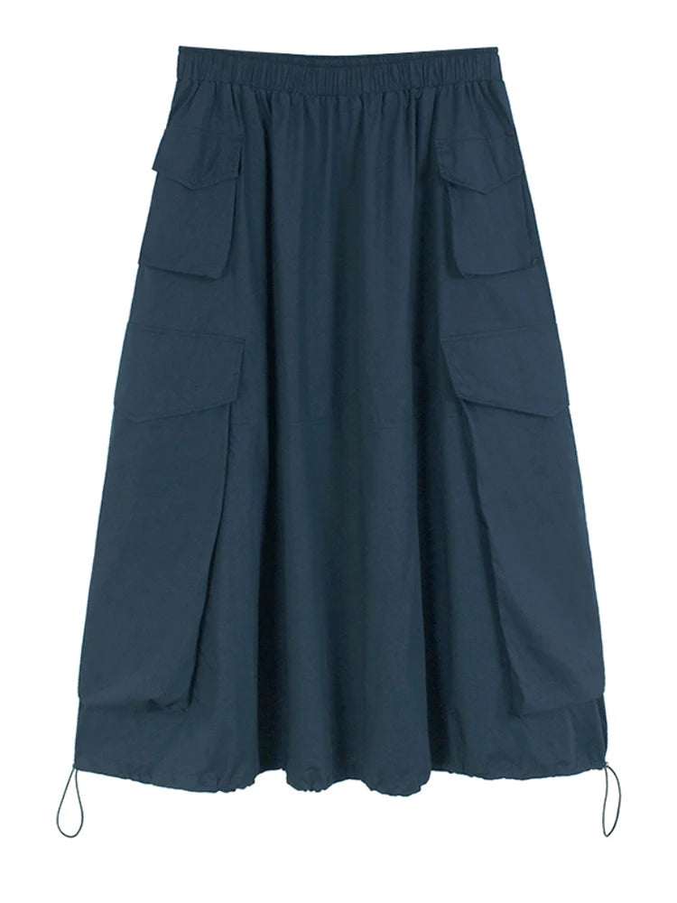 High Elastic Waist Blue Hem Drawstring Casual A-line Half-body Skirt Women Fashion Tide New Spring Autumn 2025 1DJ0863