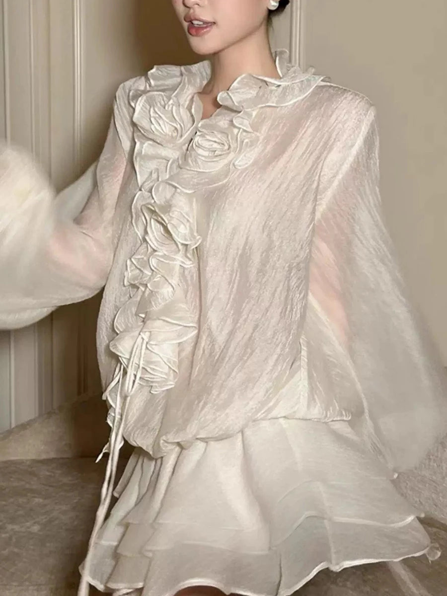 Solid Spliced Appliques Loose Dresses For Women V Neck Long Sleeve High Waist Temperament Mini Dress Female Fashion