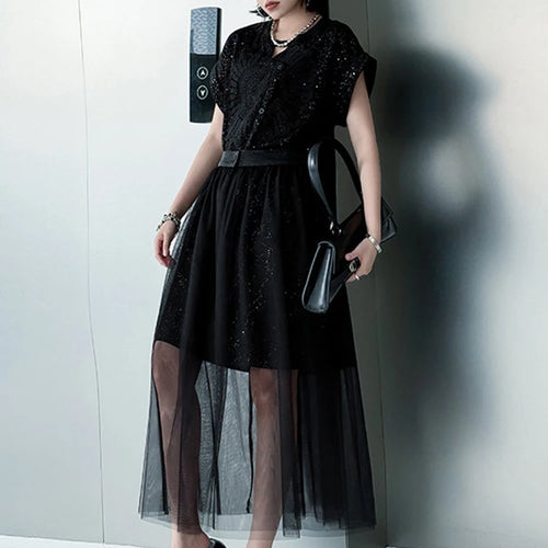 Load image into Gallery viewer, Black Sequins Dress Mesh Skirt Two Pieces Suit New Round Neck Short Sleeve Women Fashion Tide Spring Summer 2025 1DJ1153
