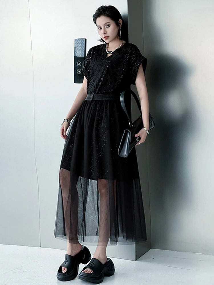 Black Sequins Dress Mesh Skirt Two Pieces Suit New Round Neck Short Sleeve Women Fashion Tide Spring Summer 2025 1DJ1153