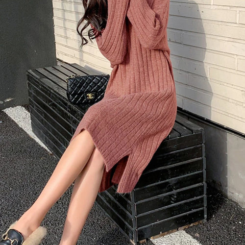 Load image into Gallery viewer, Casual Half Turtleneck Knitted Dress Split Loose Long Sleeve Sweater Dress Winter New Korean Fashion Women&#39;s Clothing
