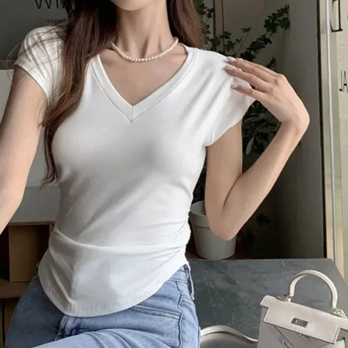 Load image into Gallery viewer, Summer Korean Fashion Y2K T-shirt Woman Sexy V-neck Japanese Tee Shirt Femme Slim Skinny Tshirt Women Cothes Kop Tops
