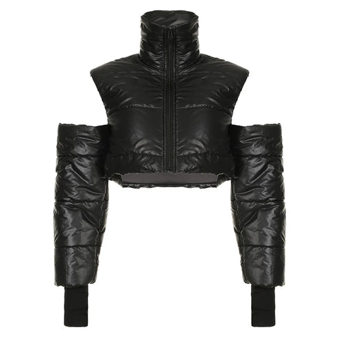 Load image into Gallery viewer, Streetwear Black Turtleneck Autumn Winter Jacket Women Zip-Up Puffer Parka Coat Crop Cold Shoulder Fashion Outerwear
