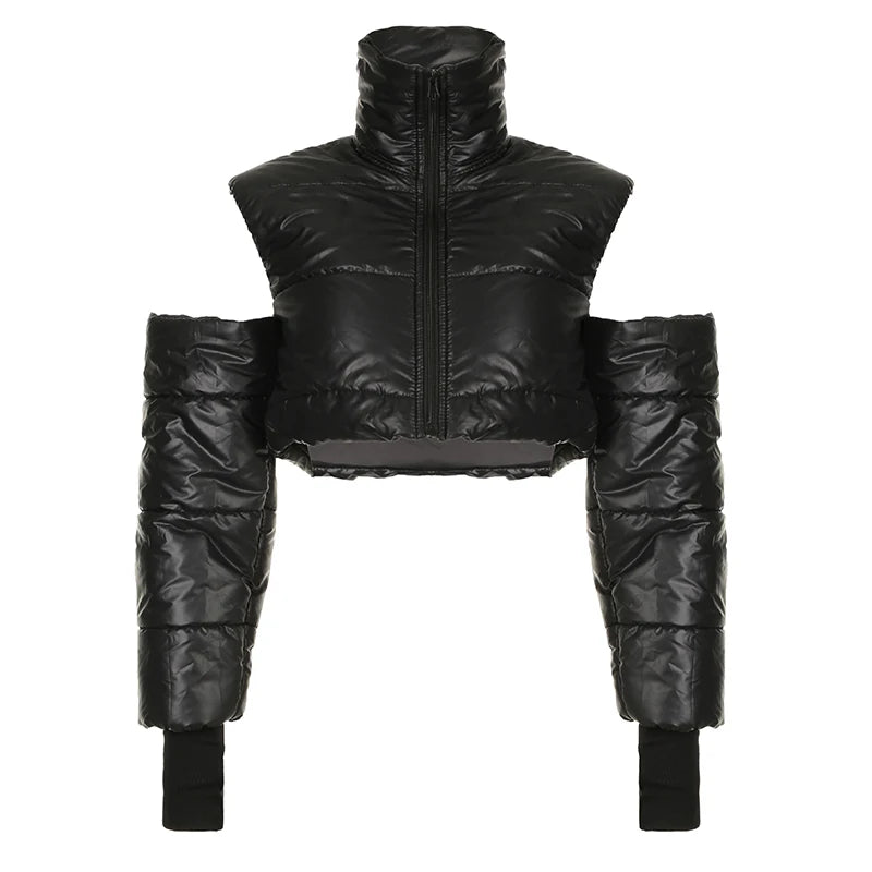 Streetwear Black Turtleneck Autumn Winter Jacket Women Zip-Up Puffer Parka Coat Crop Cold Shoulder Fashion Outerwear