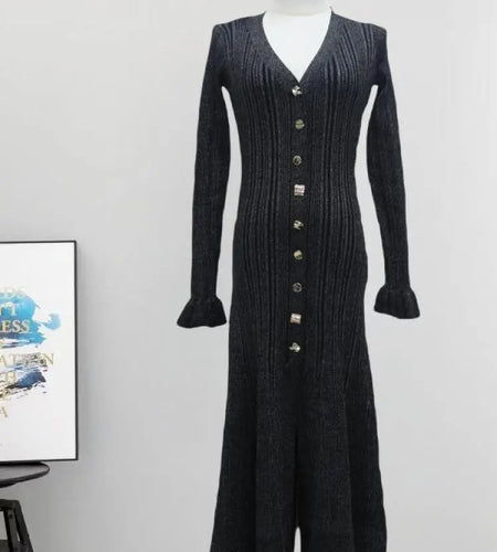 Korean Fashion Women's Black Beige Long Sleeve V Neck Knitted Dress 2024 Autumn Winter New Red Single Breasted Fishtail Dresses