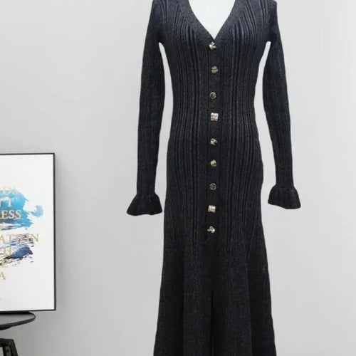 Load image into Gallery viewer, Korean Fashion Women's Black Beige Long Sleeve V Neck Knitted Dress 2024 Autumn Winter New Red Single Breasted Fishtail Dresses
