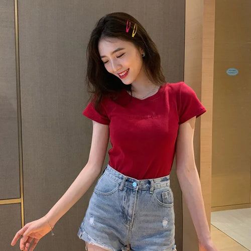 Load image into Gallery viewer, Women Short Sleeve Top Pure Ladies T-shirt Brand Letter Summer Embroidered Clothing Slim Cotton Pure Color Fashion Round Neck
