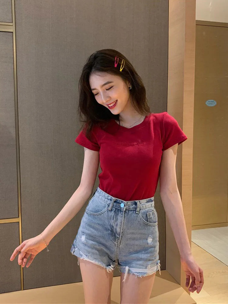 Women Short Sleeve Top Pure Ladies T-shirt Brand Letter Summer Embroidered Clothing Slim Cotton Pure Color Fashion Round Neck