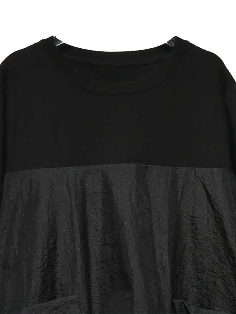 Women Black Drawstring Pocket Big Size Midi Dress New Round Neck Shhort Sleeve Fashion Tide Spring Summer 2025 1DJ0773