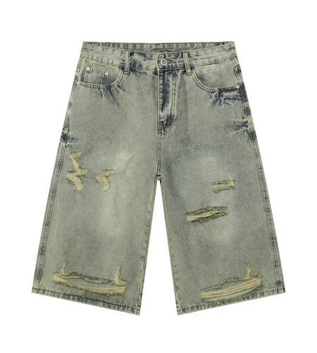 High Street Men's Denim Shorts Irregular Holes Design Solid Color Straight Trousers Wide Leg Summer Male Jeans New 9W1272