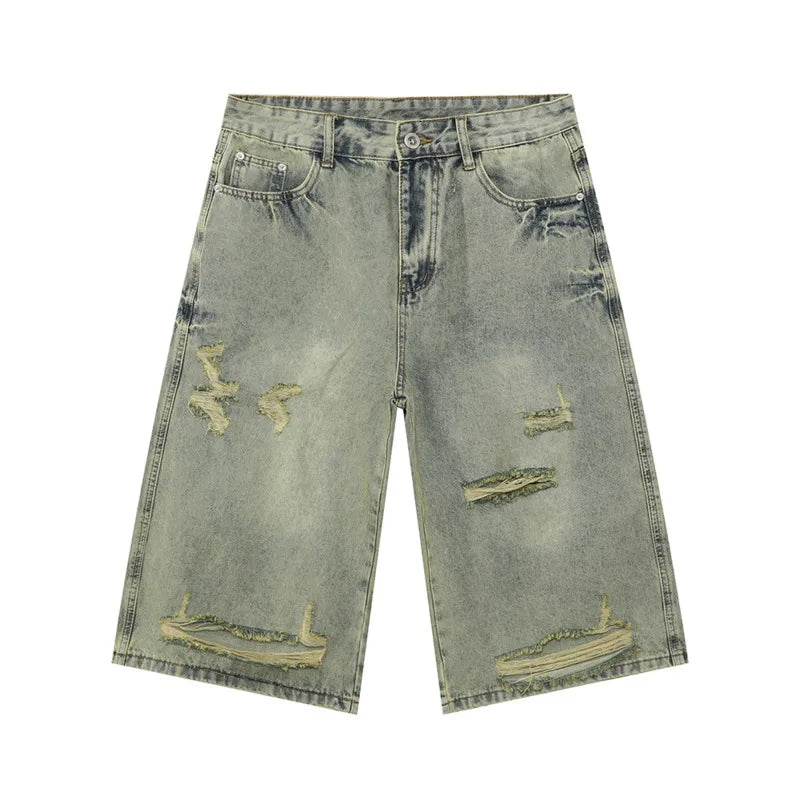 High Street Men's Denim Shorts Irregular Holes Design Solid Color Straight Trousers Wide Leg Summer Male Jeans New 9W1272