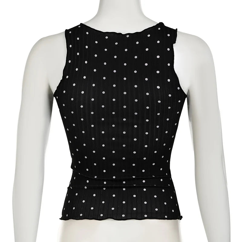 Sweet Gothic Dark Summer Tank Top Short Polka Dot Frill Bow Korean Fashion Vest Sleeveless Top Tees Kawaii Contrast