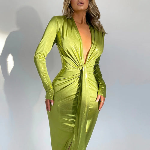 Load image into Gallery viewer, Sexy Deep V Long Sleeve Lace Up Pleated Dress For Women Bodycon Split Metal Color Winter Party Club Evening Vestidos
