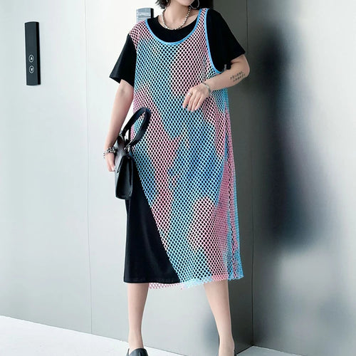 Load image into Gallery viewer, Women Green Colorful Spliced Big Size Midi Dress New Round Neck Short Sleeve Fashion Tide Spring Summer 2025 1DJ1155
