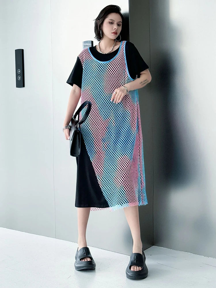 Women Green Colorful Spliced Big Size Midi Dress New Round Neck Short Sleeve Fashion Tide Spring Summer 2025 1DJ1155