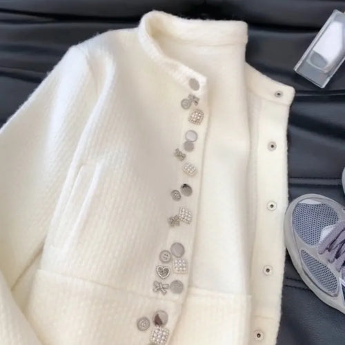 Load image into Gallery viewer, Autumn Diamond Button Y2k Aesthetic Cardigans Streetwear Solid Grunge Casual Loose Coats Women Sweet Knitted Simple Sweaters
