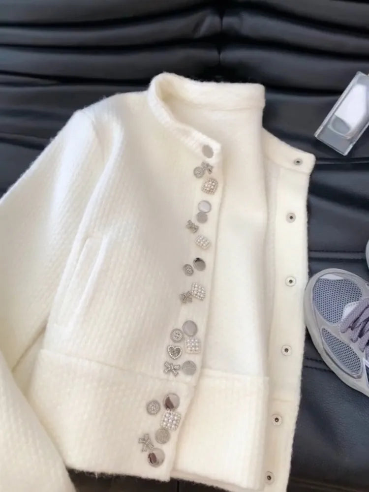 Autumn Diamond Button Y2k Aesthetic Cardigans Streetwear Solid Grunge Casual Loose Coats Women Sweet Knitted Simple Sweaters