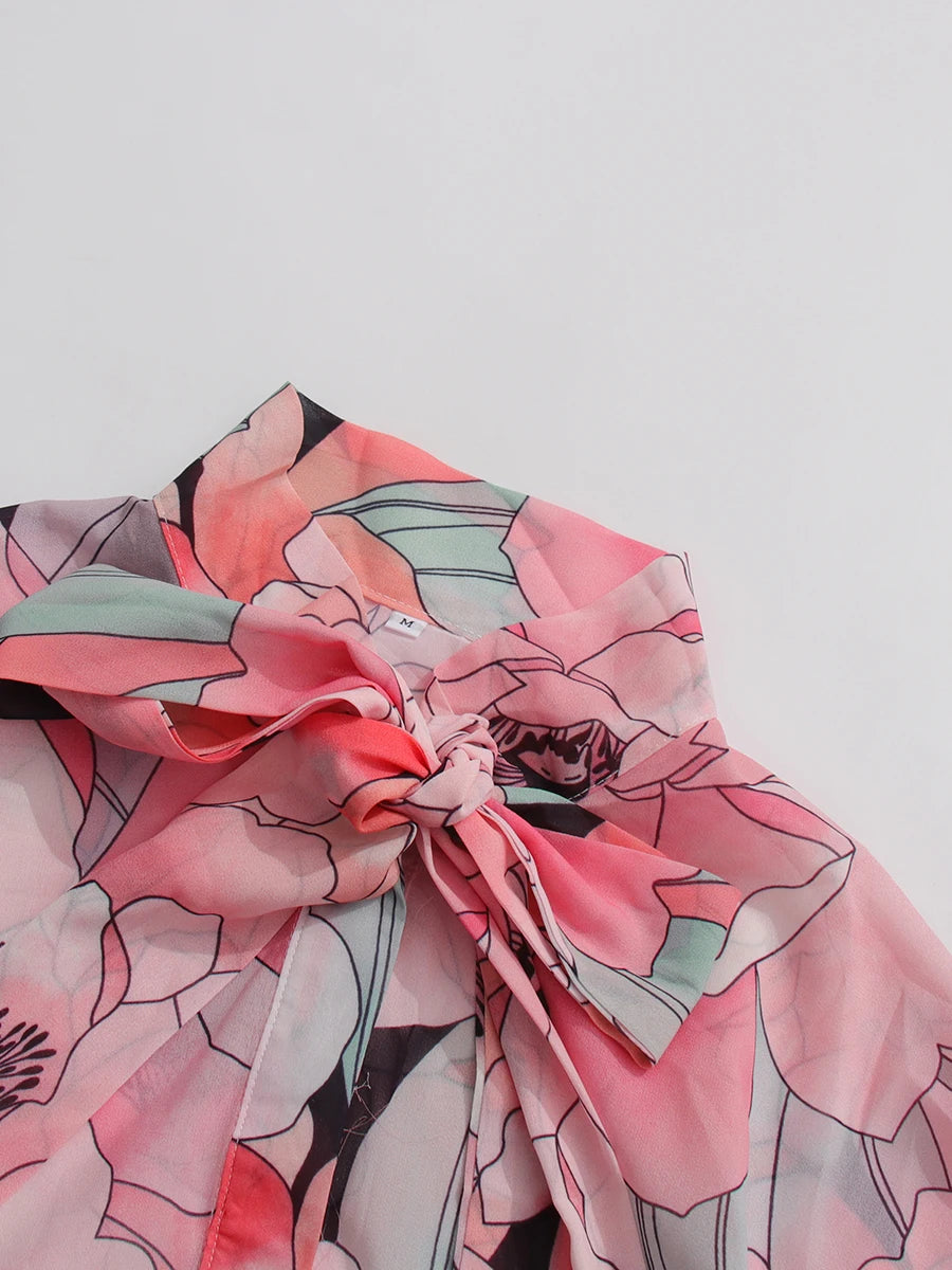 Fashion Printing Spliced Belt Long Dresses for Women Bowknot Neck Sleevesless Temperament Dress Female Clothing New