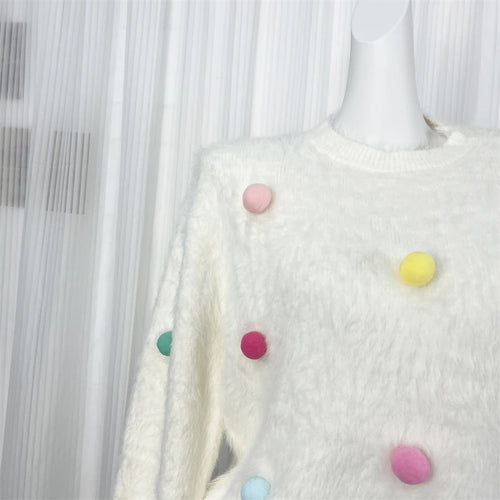Load image into Gallery viewer, Autumn Winter White Mink Hairball Decoration Short Knitted Sweater Women Round Neck Vacation Long Sleeves Pullover Tops Street
