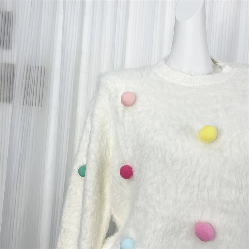 Autumn Winter White Mink Hairball Decoration Short Knitted Sweater Women Round Neck Vacation Long Sleeves Pullover Tops Street