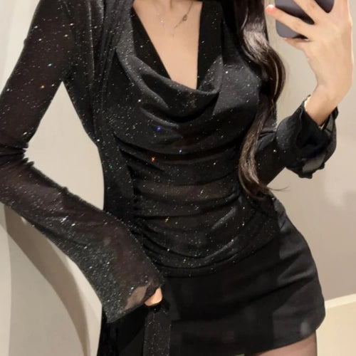 Load image into Gallery viewer, See Through Fashion V Neck Long Sleeve Tees Y2k Aesthetic Elegant Chic Women T-shirts Korean Slim Streetwear All Match Tshirts
