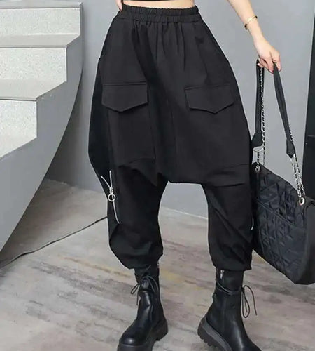 High Elastic Waist Black Pocket Zipper Long Casual Cross Pants New Trousers Women Fashion Tide Spring Autumn 2025  1DH6417