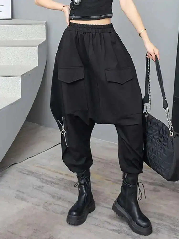 High Elastic Waist Black Pocket Zipper Long Casual Cross Pants New Trousers Women Fashion Tide Spring Autumn 2025  1DH6417