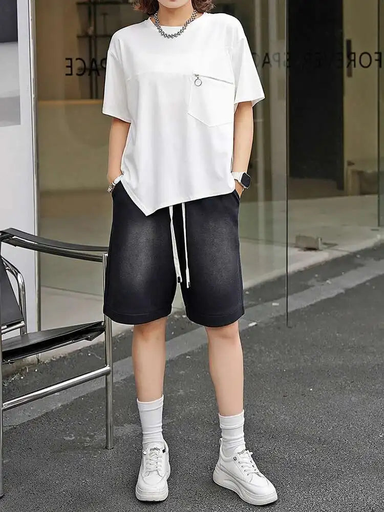 Women Black Irregular Hem Zipper Big Size Casual T-shirt New Round Neck Short  Sleeve Fashion Spring Summer 2025 1DJ0619