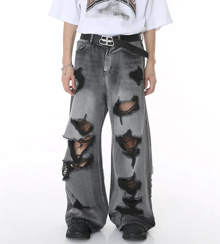High Street Male Jeans Hole Worn-out Bagger Men's Wide Leg Denim Pants Hip Hop Summer New Fashion Men Clothing 9W194