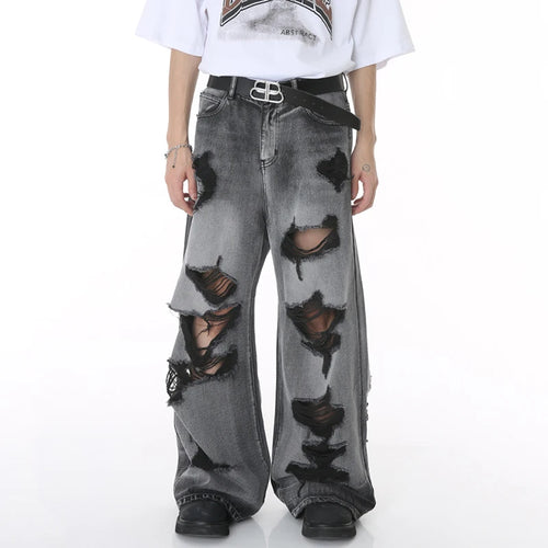 Load image into Gallery viewer, High Street Male Jeans Hole Worn-out Bagger Men's Wide Leg Denim Pants Hip Hop Summer New Fashion Men Clothing 9W194
