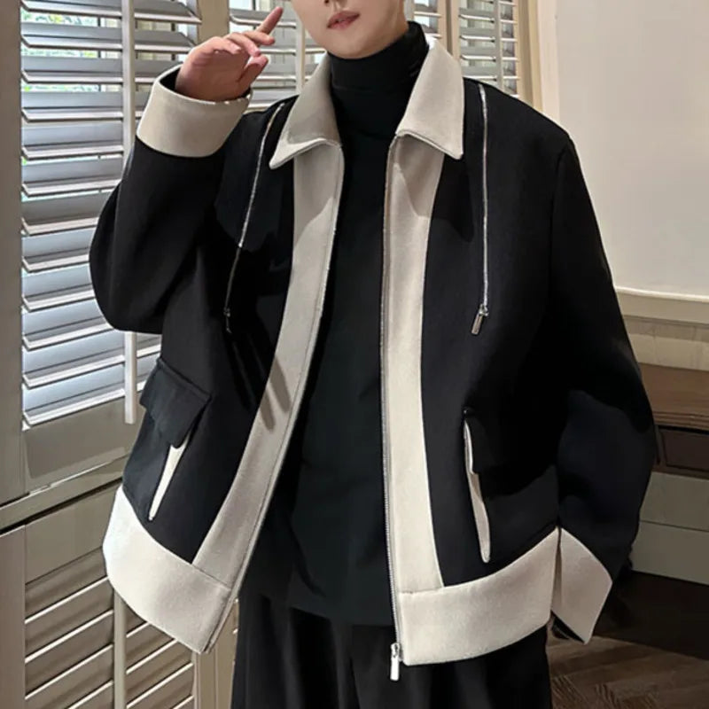 Patchwork Woolen Men's Casual Top Double-zipper Lapel American Style Male Jacket 2024 Autumn Winter Tide 9C9040