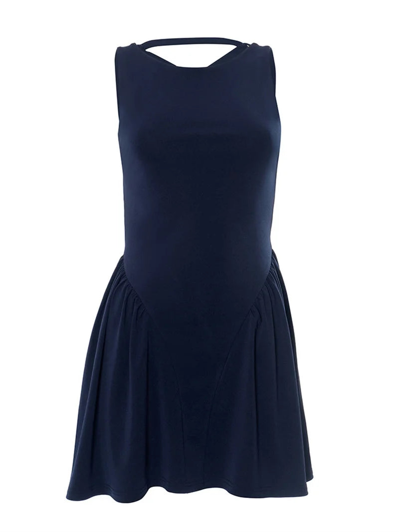 Backless Lace-up Sexy Mini Dress Women Robe Fashion O Neck Sleeveless High Waist A-line Club Party Dress Elegant