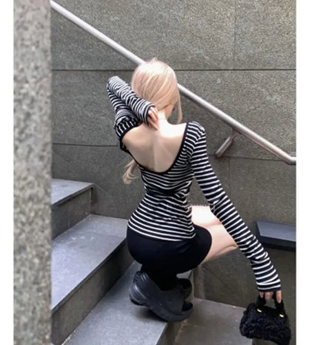 Fashion Striped T Shirts 2024 Women Clothes Y2k Tops Backless Long Sleeve O-neck Tees Korean Camisetas Casual Slim Fit T-shirt