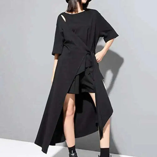 Load image into Gallery viewer, Women White Irregular Hem Big Size Long T-shirt New Round Neck Short Sleeve Fashion Tide Spring Summer 2025 1DF8717
