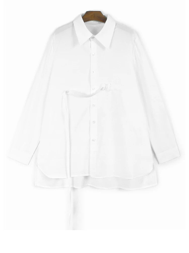 Women Black Ribbons Irregular Big Size Elegant Blouse New Lapel Long Sleeve Shirt Fashion Tide Spring Autumn 2025 1DH9664