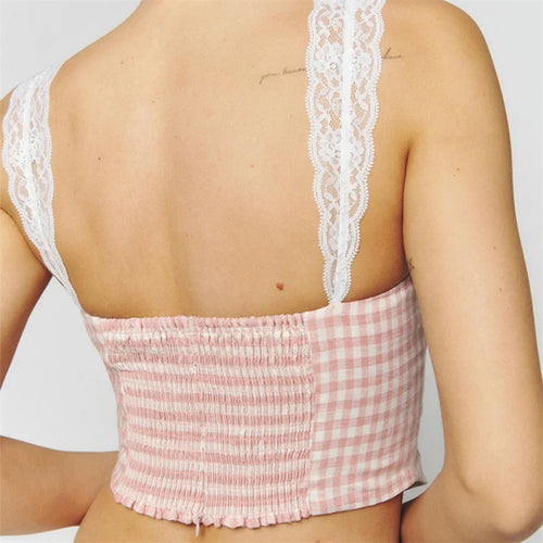 y2k Tops for Women Summer Clothes Plaid/Floral Print Lace Shoulder Strap Tanks 2000s Aesthetic Clothing Party Clubwear