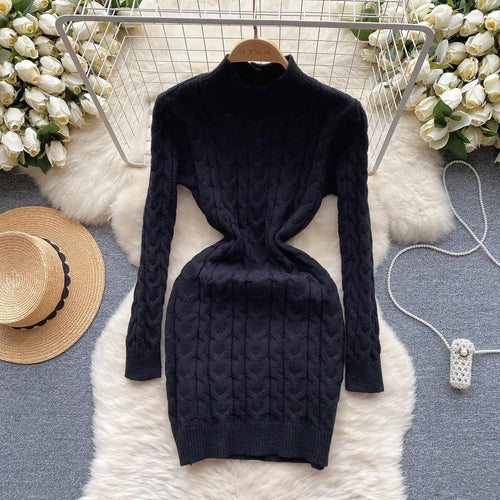 Load image into Gallery viewer, French Black White Hollow Out Backless Knitted Mini Dress Women Autumn Gray New Office Long Sleeves Twisted Sweater Short Dress
